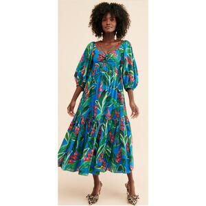 FARM RIO Dream Garden Tropical Floral Midi Maxi Dress Medium Blue Green Puff Slv